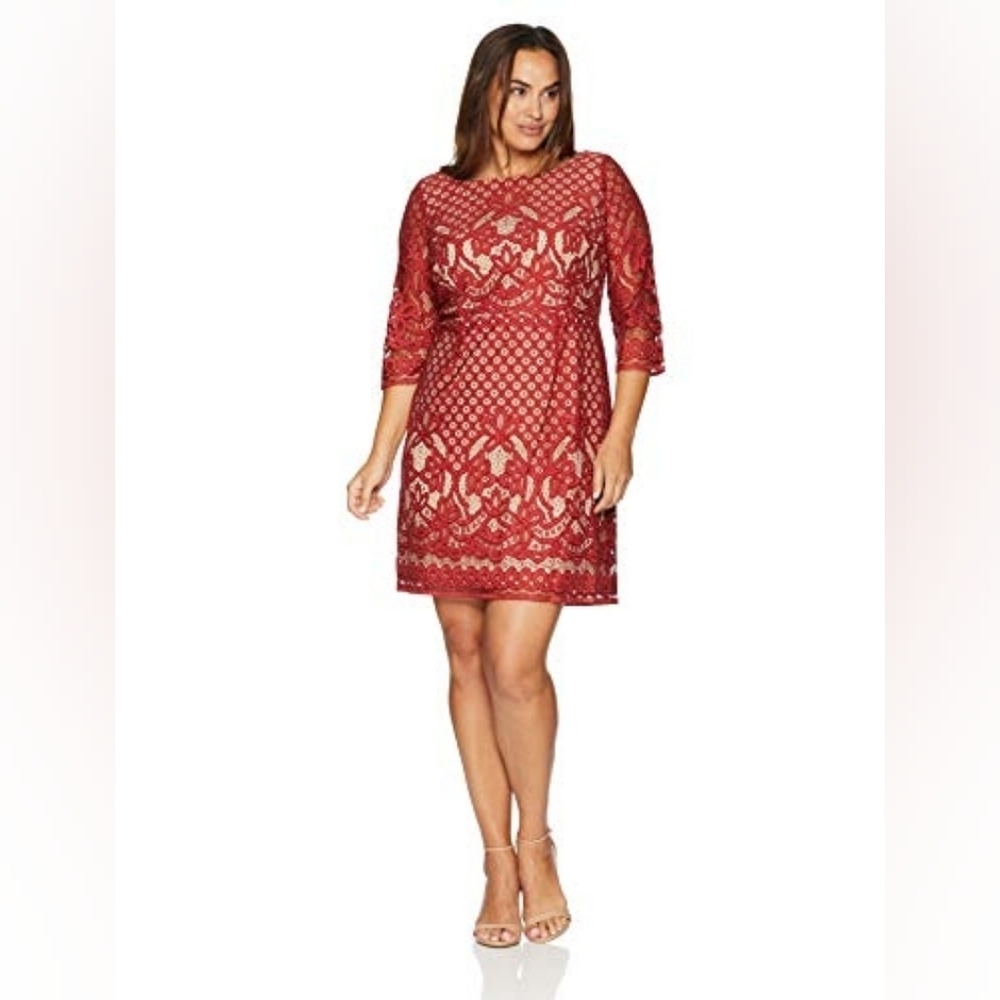 Gabby Skye Mock Lace Dress  Red Ivory Size 8  EUC